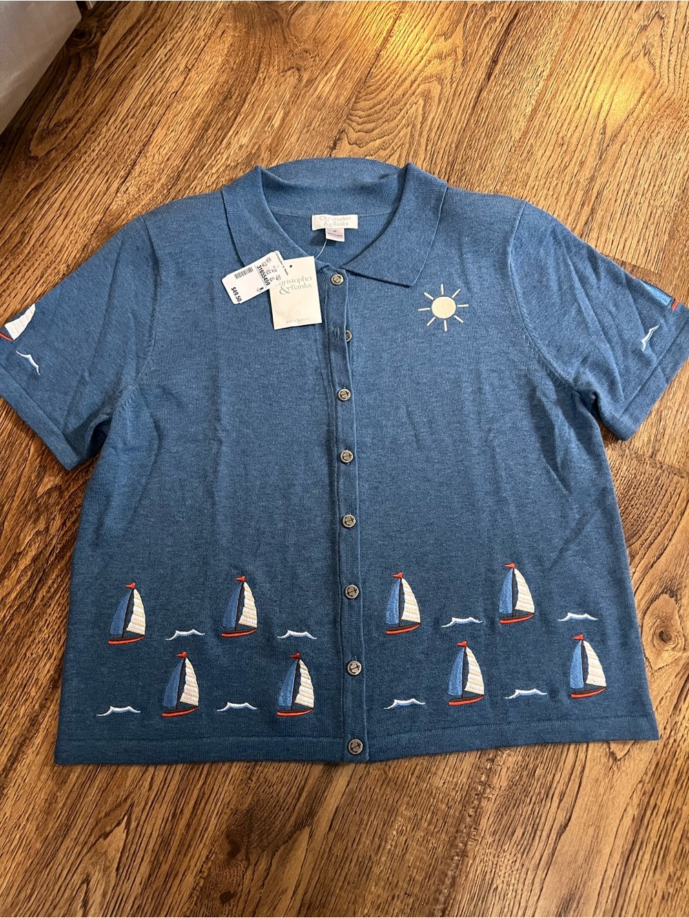 Christopher & Banks Blue Button-Front Tee with Sailboat Embroidery